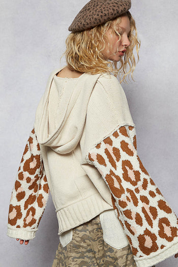 POL Chenille Hooded Sweater with Leopard Print and Heart Patches in Cream Multi