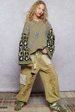 Load image into Gallery viewer, POL Chenille Hooded Sweater with Leopard Print and Heart Patches in Olive Multi
