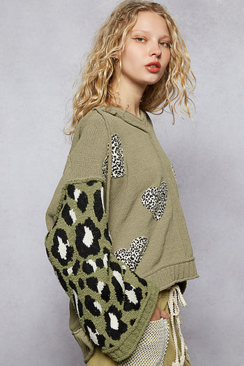 POL Chenille Hooded Sweater with Leopard Print and Heart Patches in Olive Multi