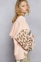 POL Chenille Hooded Sweater with Leopard Print and Heart Patches in Peach Multi