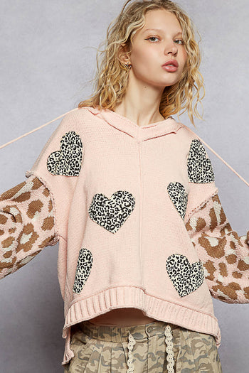 POL Chenille Hooded Sweater with Leopard Print and Heart Patches in Peach Multi