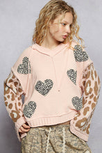 Load image into Gallery viewer, POL Chenille Hooded Sweater with Leopard Print and Heart Patches in Peach Multi
