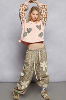 POL Chenille Hooded Sweater with Leopard Print and Heart Patches in Peach Multi