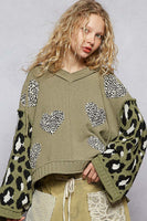 POL Chenille Hooded Sweater with Leopard Print and Heart Patches in Olive Multi
