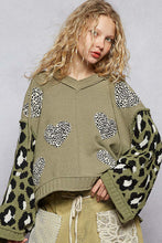 Load image into Gallery viewer, POL Chenille Hooded Sweater with Leopard Print and Heart Patches in Olive Multi
