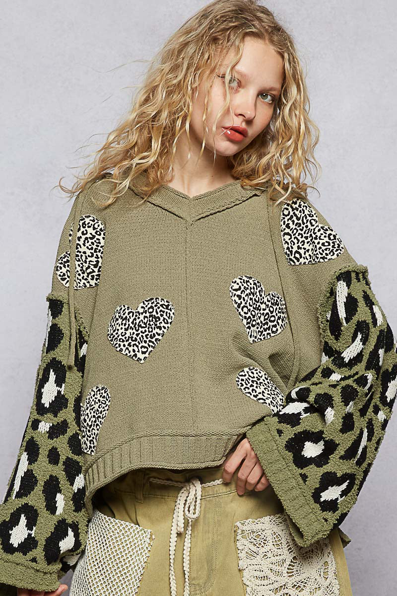 POL Chenille Hooded Sweater with Leopard Print and Heart Patches in Olive Multi