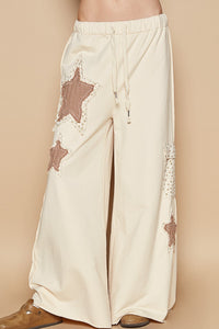 POL Solid Color French Terry Pants with Star Patches in Cream Beige