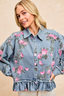 BiBi Peplum Floral Print Denim Button Down Top in Washed Denim