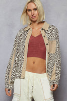 POL Leopard Print Top with Contrasting Thermal Knit Details in Latte Multi