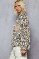POL Leopard Print Top with Contrasting Thermal Knit Details in Latte Multi