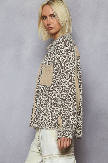 POL Leopard Print Top with Contrasting Thermal Knit Details in Latte Multi