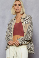 POL Leopard Print Top with Contrasting Thermal Knit Details in Latte Multi