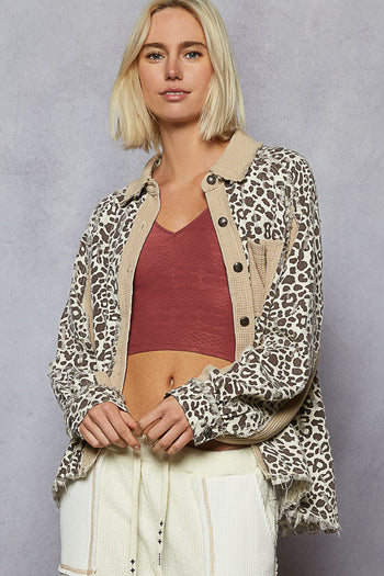 POL Leopard Print Top with Contrasting Thermal Knit Details in Latte Multi