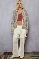 POL Leopard Print Top with Contrasting Thermal Knit Details in Latte Multi