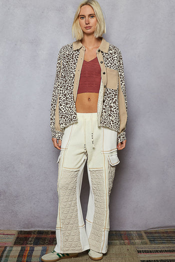 POL Leopard Print Top with Contrasting Thermal Knit Details in Latte Multi