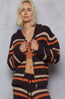 POL Multi Color Striped Pattern Berber Hooded Jacket in Deep Chocolate