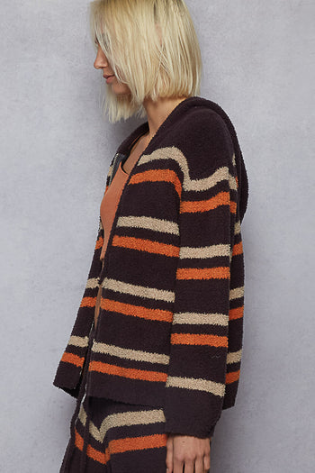 POL Multi Color Striped Pattern Berber Hooded Jacket in Deep Chocolate