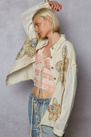 POL Denim Top with Crochet Sleeves and Floral Print Flower Patches in Natural