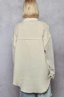 POL Denim Top with Crochet Sleeves and Floral Print Flower Patches in Natural