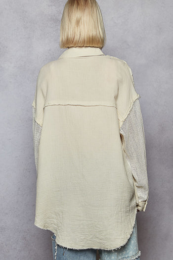 POL Denim Top with Crochet Sleeves and Floral Print Flower Patches in Natural