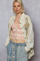 POL Denim Top with Crochet Sleeves and Floral Print Flower Patches in Natural
