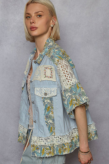 POL Patchwork Denim and Mixed Print Jacket in Baby Blue