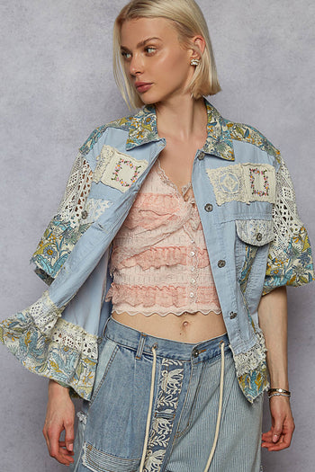 POL Patchwork Denim and Mixed Print Jacket in Baby Blue