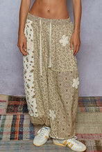 Load image into Gallery viewer, POL Mixed Patchwork Joggers with Crochet Flower Patches in Sand Multi
