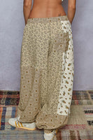 POL Mixed Patchwork Joggers with Crochet Flower Patches in Sand Multi