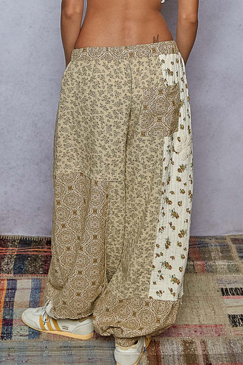 POL Mixed Patchwork Joggers with Crochet Flower Patches in Sand Multi