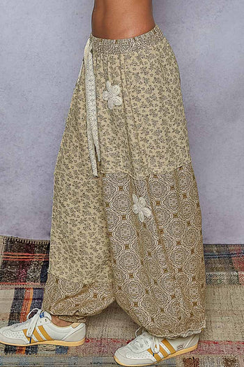 POL Mixed Patchwork Joggers with Crochet Flower Patches in Sand Multi