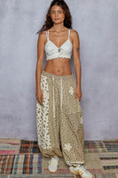 POL Mixed Patchwork Joggers with Crochet Flower Patches in Sand Multi