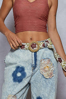 POL Flower Patched Wide Leg Denim Pants in Denim