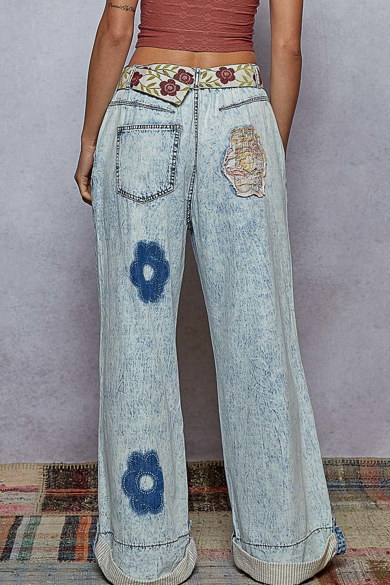POL Flower Patched Wide Leg Denim Pants in Denim – June Adel