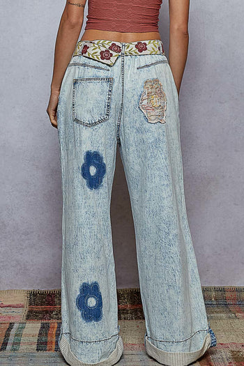 POL Flower Patched Wide Leg Denim Pants in Denim
