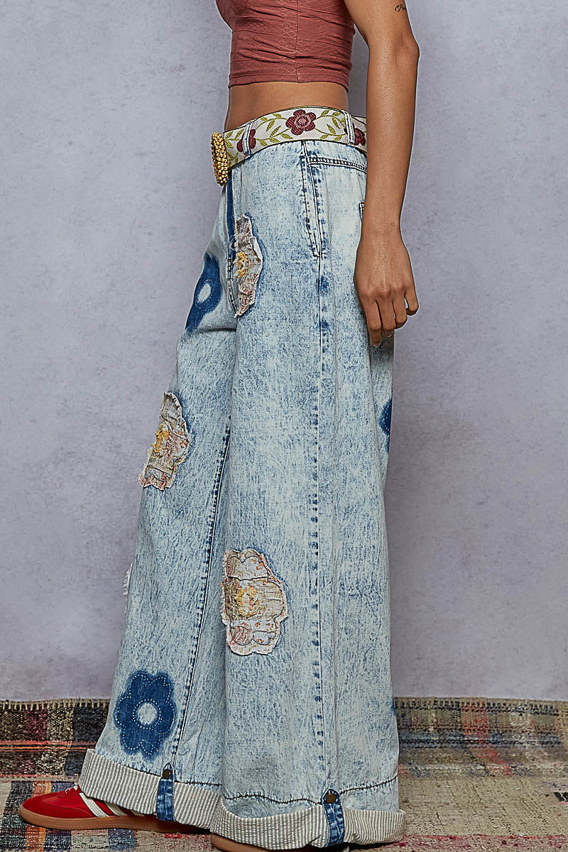 POL Flower Patched Wide Leg Denim Pants in Denim – June Adel