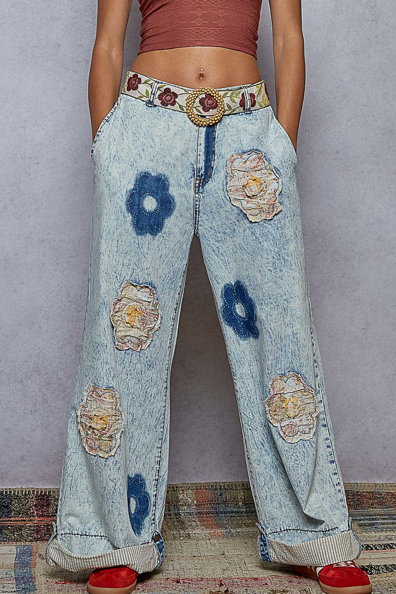 POL Flower Patched Wide Leg Denim Pants in Denim
