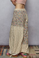 POL Mixed Patchwork Joggers with Crochet Flower Patches in Cream Multi