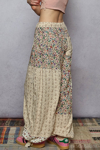 POL Mixed Patchwork Joggers with Crochet Flower Patches in Cream Multi