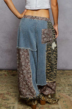 Load image into Gallery viewer, POL Mixed Patchwork Joggers with Crochet Flower Patches in Denim Leo Multi ON ORDER
