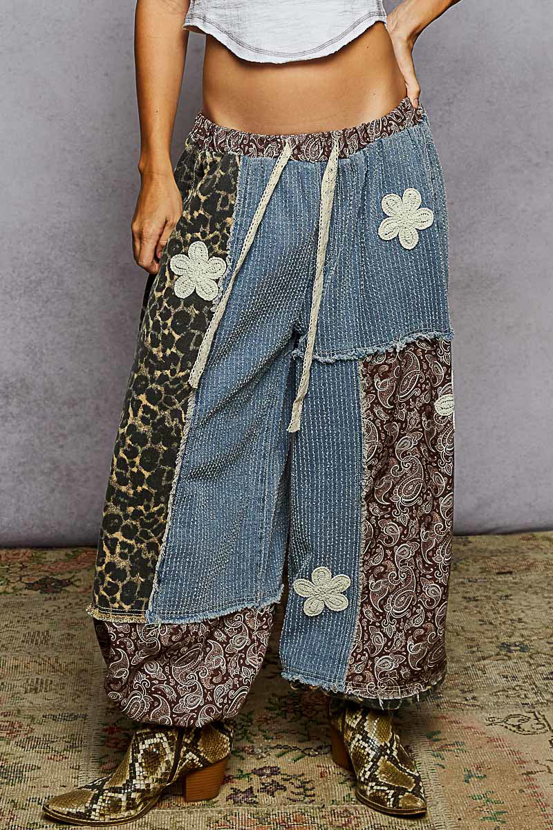 POL Mixed Patchwork Joggers with Crochet Flower Patches in Denim