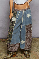 POL Mixed Patchwork Joggers with Crochet Flower Patches in Denim Leo Multi ON ORDER