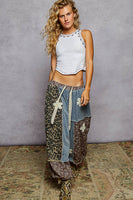 POL Mixed Patchwork Joggers with Crochet Flower Patches in Denim Leo Multi ON ORDER