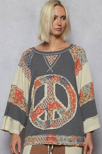 POL OVERSIZED Thermal Knit Top with Peace Sign Patched Front in Charcoal