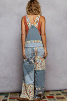 POL Mixed Print Patchwork Twill Overalls in Denim