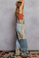 POL Mixed Print Patchwork Twill Overalls in Denim
