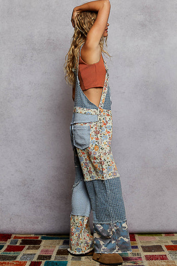 POL Mixed Print Patchwork Twill Overalls in Denim