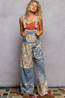 POL Mixed Print Patchwork Twill Overalls in Denim