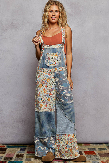 POL Mixed Print Patchwork Twill Overalls in Denim