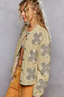 POL Quilted Denim Jacket with Floral Print Flower Patches in Taupe Beige